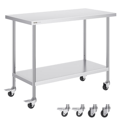 Werktafel – Werkbank – Werkstation – Werkblad – Werkplek – RVS 304 Staal – 122x61x97 cm – Verstelbare Hoogte – Mobiel Met Wielen