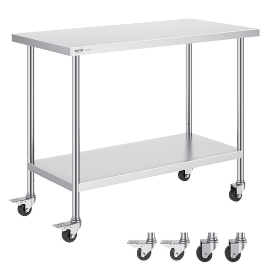 Werktafel – Werkbank – Werkstation – Werkblad – Werkplek – RVS 304 Staal – 122x61x97 cm – Verstelbare Hoogte – Mobiel Met Wielen