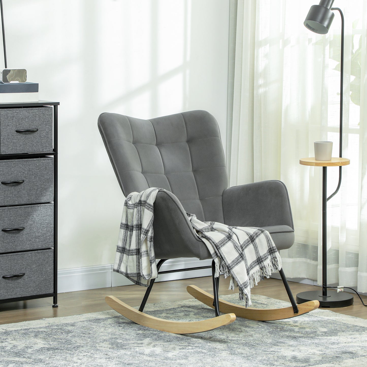 Vintage Schommelstoel – Schommelstoel – Relaxstoel – Fauteuil – Wiegstoel – Donkergrijs – Beukenhout & Staal – Dikke Bekleding