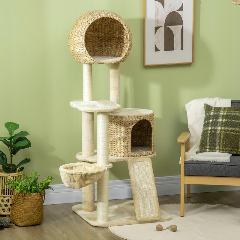 Scratch tree, with cat house, multiple platforms, hammock, scratching mat, tipping protection, beige, 60 x 60 x 150cm, Pet Scratching Post, Indoor Cat Tree, Multilevel Platforms, Cozy Cat House, Scratchresistant Material, Hig