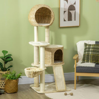 Scratch tree, with cat house, multiple platforms, hammock, scratching mat, tipping protection, beige, 60 x 60 x 150cm, Pet Scratching Post, Indoor Cat Tree, Multilevel Platforms, Cozy Cat House, Scratchresistant Material, Hig