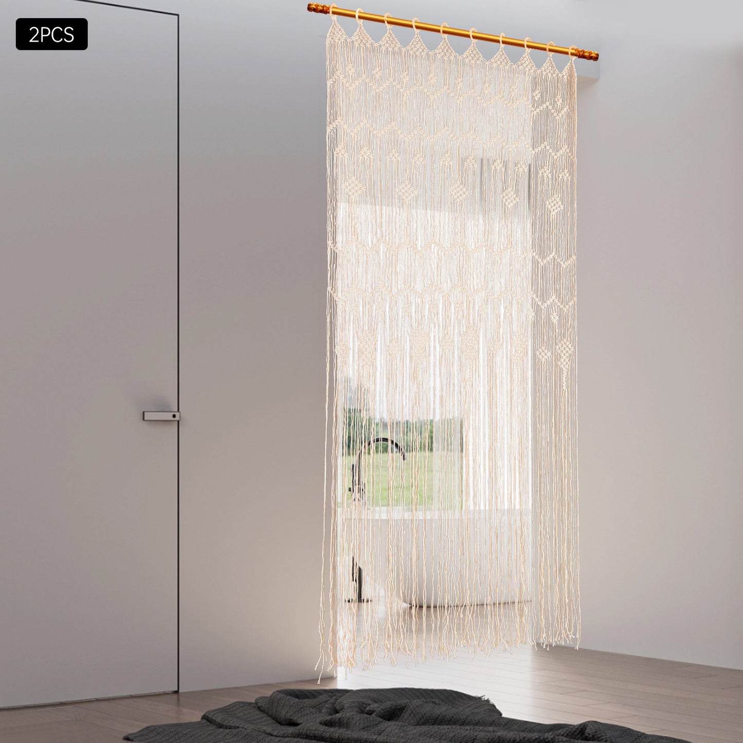 Macramé Gordijnen – Boho Gordijnen – Handgemaakte Gordijnen – Kamerscherm – Raamdecoratie – Beige / Naturel – Extra Lang 100x200 cm – Houten Ringen Voor Eenvoudig Ophangen