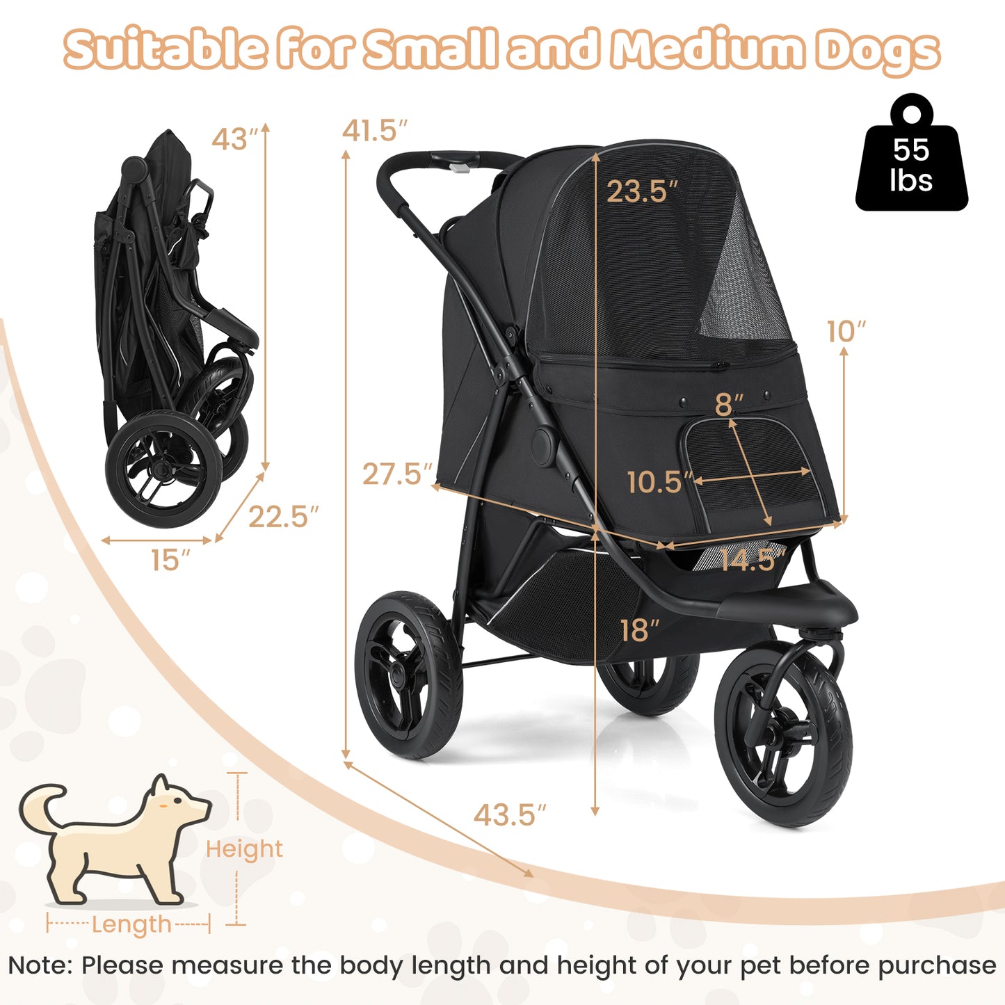 Hondenbuggy – Hondenwagen – Wandelwagen – Huisdierenwagen – Pet Stroller – Opvouwbaar – All-Terrain Wielen Met Rem – Verstelbaar Zonnescherm