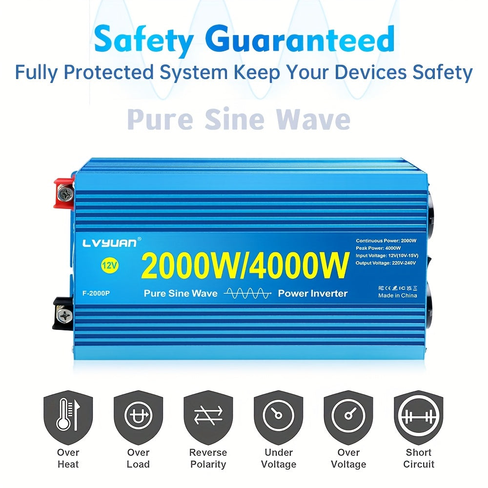 Omvormer 12V Naar 220V – Spanningomzetter – Power Inverter – Stroomomvormer – DC AC Converter – 2000W Continu / 4000W Piek – Zuivere Sinusgolf – LCD Display