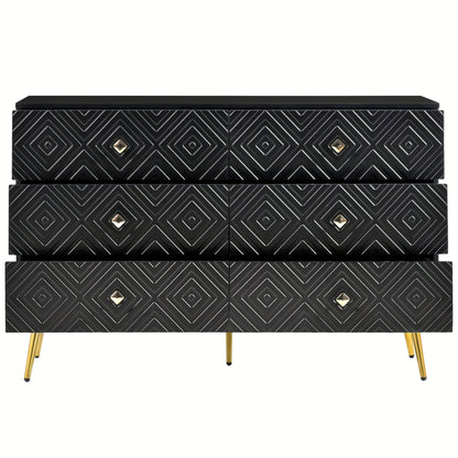Ladekast – Ladenkast – Commode – Opbergkast – Dressoir – Zes Lades – Modern Ontwerp – 120x40x80 cm – Zwart Met Gouden Accenten – Metalen Poten – Stevig & Duurzaam