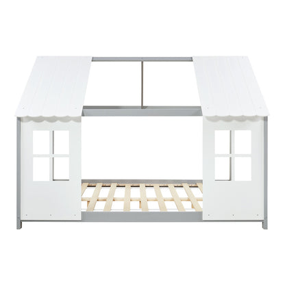 Kinderbed – Halfopen Huisbed – Huisvormig Bed – Kinderbed Frame – Bed Voor Kinderen – 90x200 cm Wit – Massief Dennenhout – Sfeervolle Decoratieve Ramen