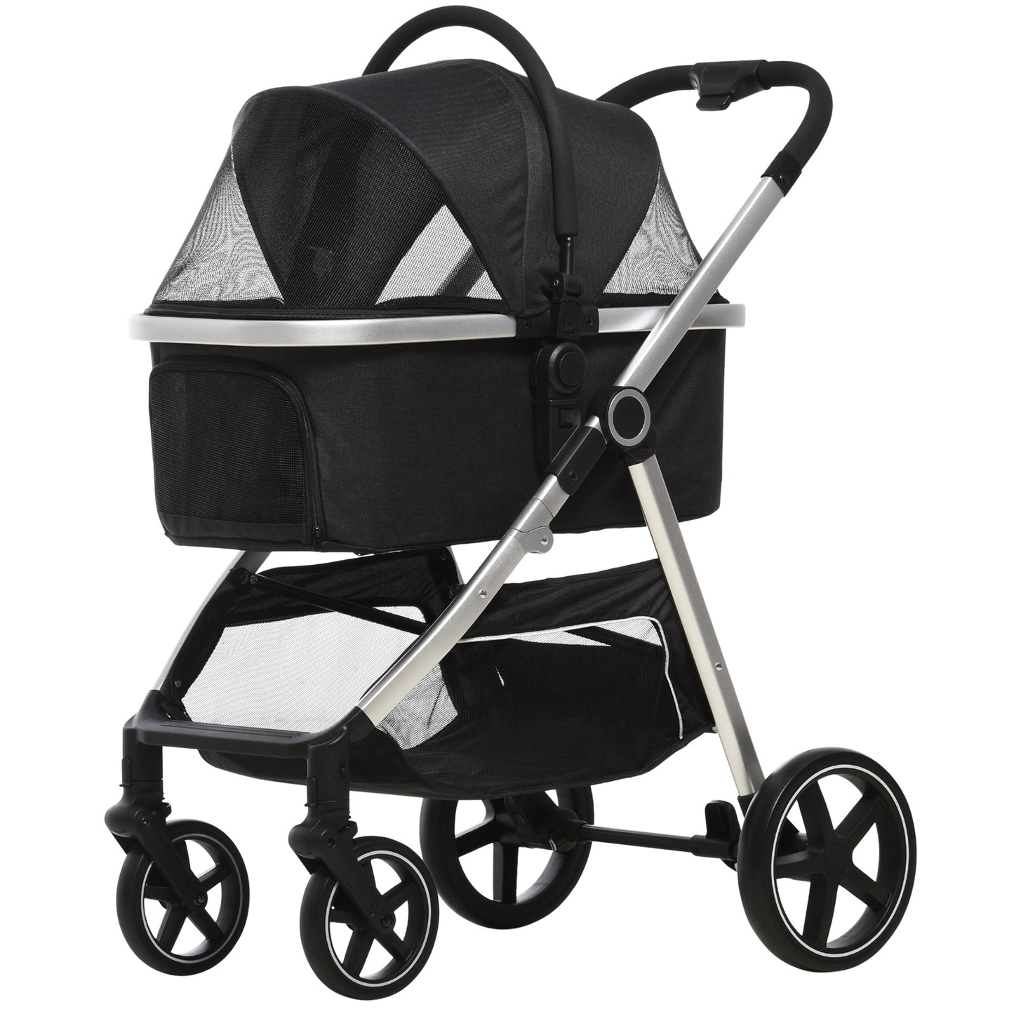 Hondenwagen – Hondentrolley – Draagtas – Hondenbuggy – Wandelwagen – Opvouwbaar Aluminium Frame – Inclusief Wasbaar Kussen – Zwart – Geschikt Tot 10 Kg – Met Opbergbak