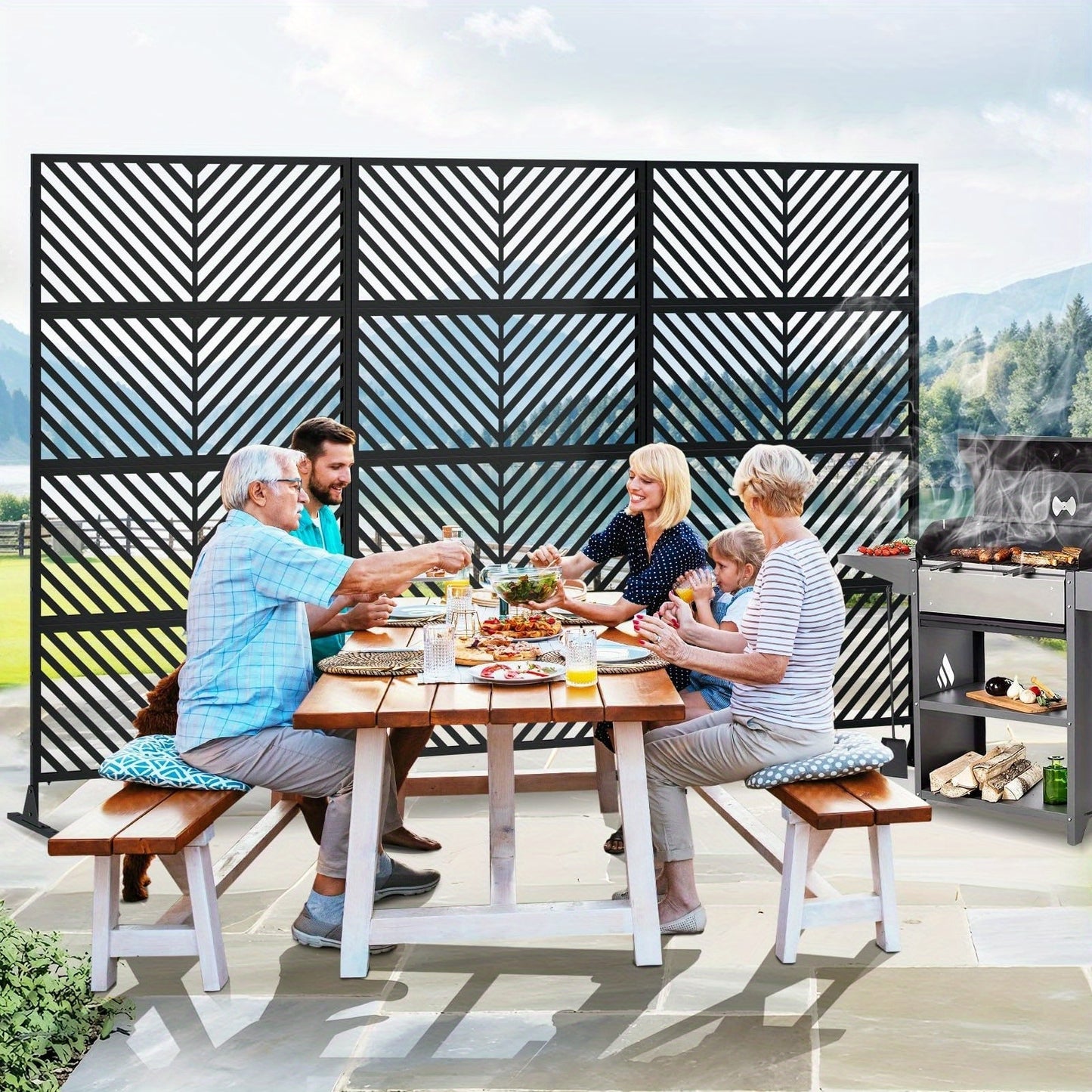 A Sturdy, Rust-Resistant Metal Privacy Screen Designed for Outdoor Patios, Featuring a Decorative Fence Panel That Withstands Weather Conditions, Measuring 182.88 cm in Height And 101.6 cm in Width, Perfect for Backyard Separ