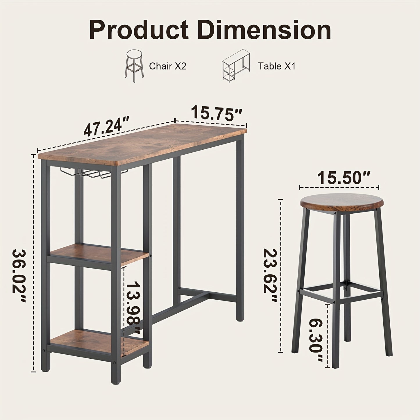 Barset – Bartafelset – Barkrukken – Bartafel – Barmeubel – Zwart & Rustiek Bruin – Compact Ontwerp – Inclusief Wijnrek & Opbergruimte