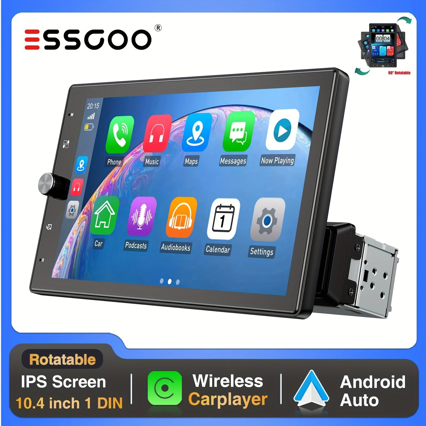 Autoradio – Auto Stereo – Single DIN Headunit – Multimedia Systeem – Draaibaar Touchscreen – 10,4 Inch HD IPS Display – Draadloos Apple CarPlay & Android Auto