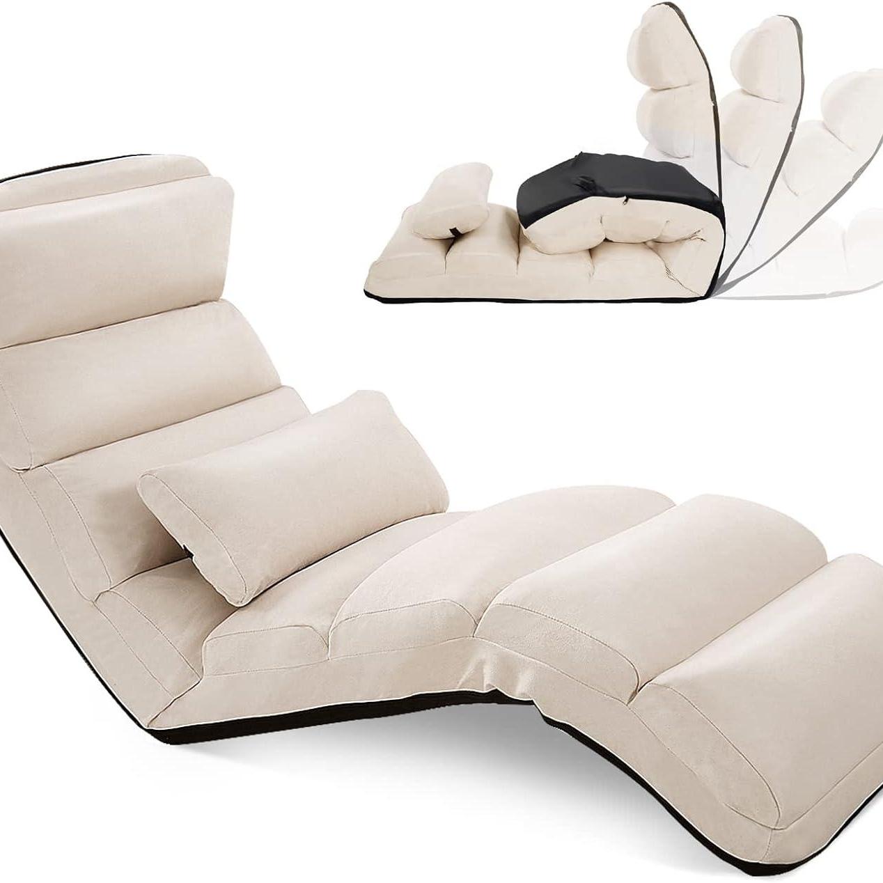 Relaxabele Vloerstoel – Opvouwbare Zitstoel – Floor Lounger – Vloersofa – Verstelbare Rugleuning – Zachte Foam Bekleding – Beige