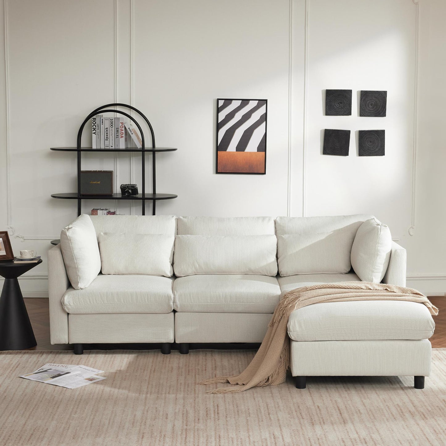 Hoekbank – Hoeksalon – Loungebank – Slaapbank – 3-Zitsbank – Katoen-Linnen Stof – Verwijderbare Voetenbank – Stevig Houten Frame – Comfortabele Kussens