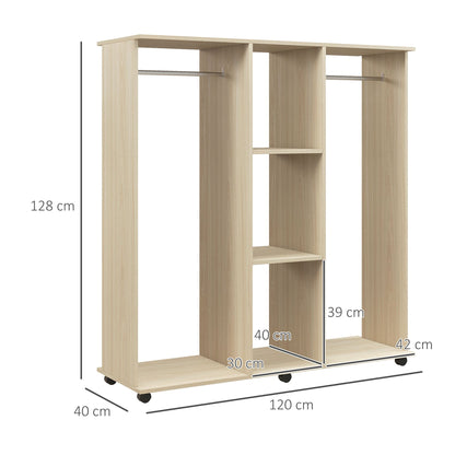 Kledingkast – Garderobekast – Kleerkast – Opbergkast – Draaideurkast – Natuurlijk Hout – 6 Wielen Voor Makkelijke Verplaatsing – Ruime Opbergruimte 120x40x128 cm