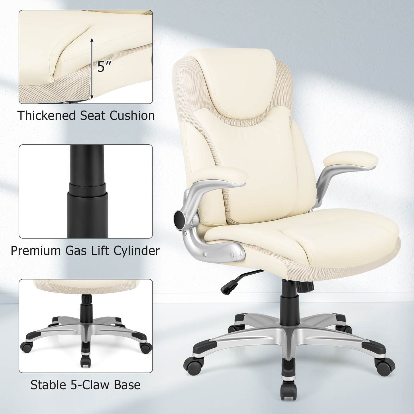 Ergonomische Bureaustoel – Kantoorstoel – Werkstoel – Comfortstoel – Bureaumeubelen – Beige – Kantelbare Rugleuning – Verstelbare Zithoogte 49-59 cm