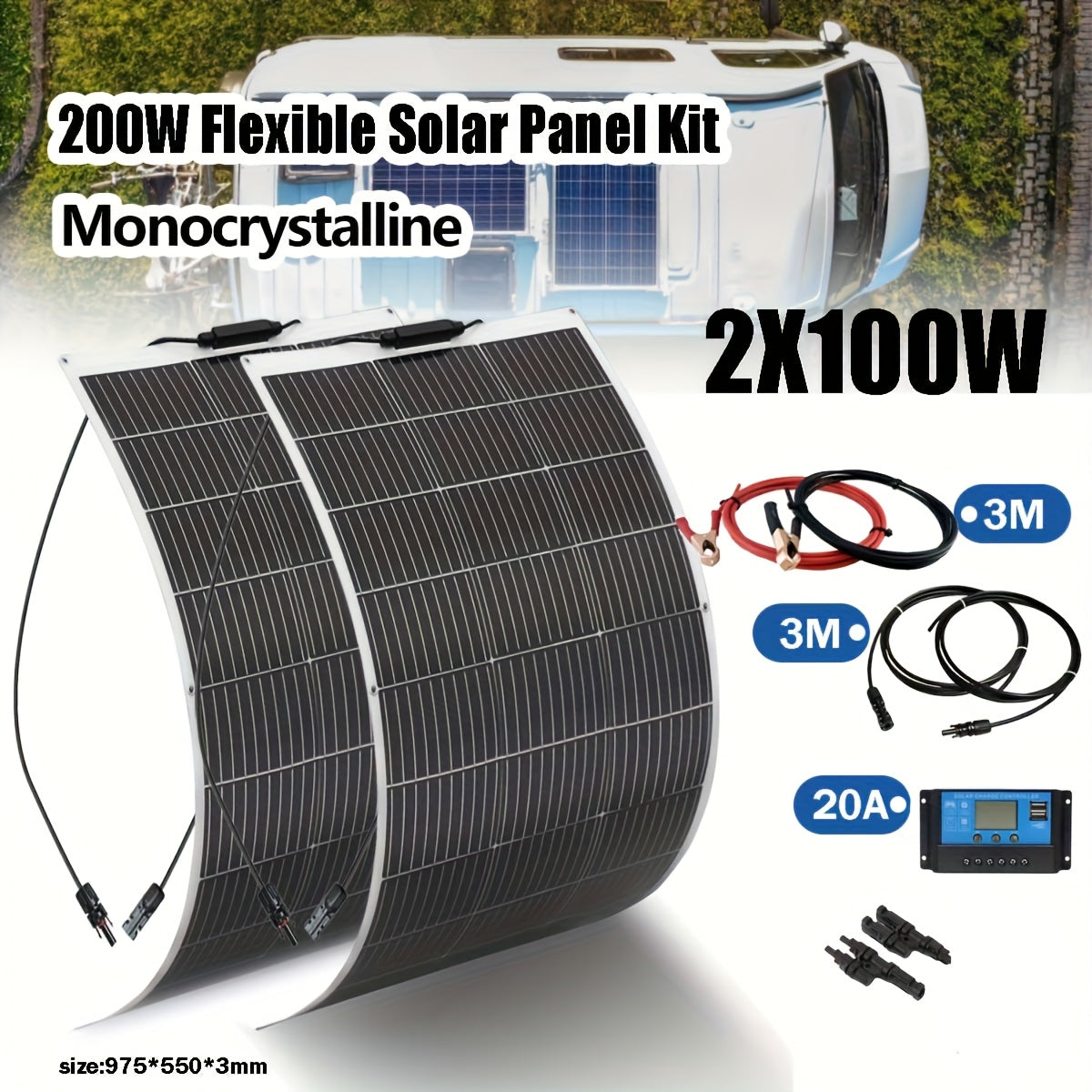 Flexibele Zonnepanelen – Buigbare Zonnepaneel Set – Monokristallijn Solar Panel – Off-Grid Zonne-energiesysteem – 200W 2x100W – Lichtgewicht & Weerbestendig – Inclusief 20A Laadregelaar