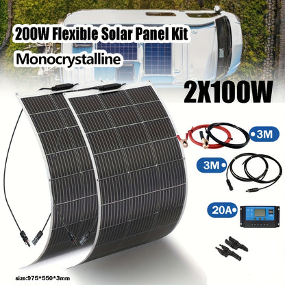 Flexibele Zonnepanelen – Buigbare Zonnepaneel Set – Monokristallijn Solar Panel – Off-Grid Zonne-energiesysteem – 200W 2x100W – Lichtgewicht & Weerbestendig – Inclusief 20A Laadregelaar