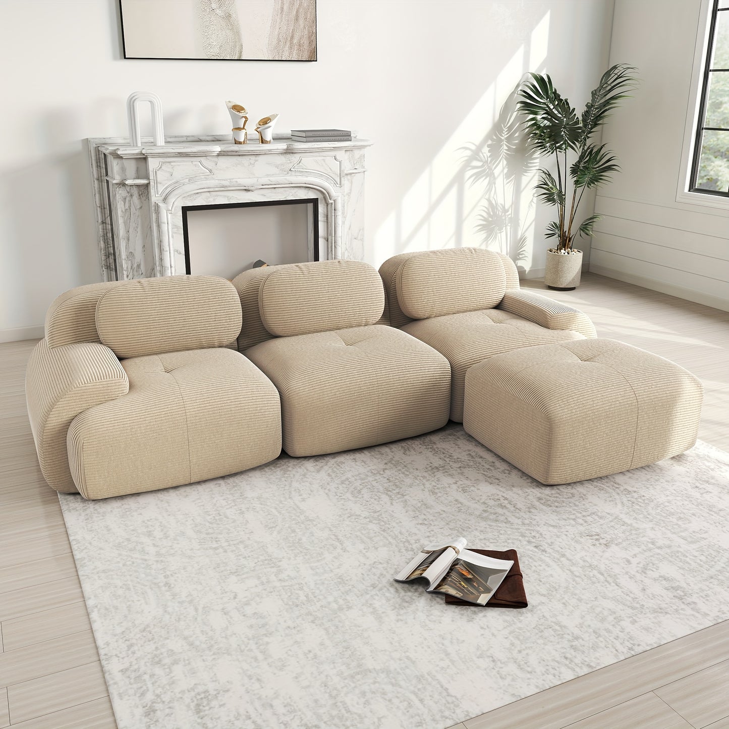 A Corner Sofa That Is Modular And Does Not Need to Be Assembled, Designed for Comfort And Pets, Crafted from Corduroy with Wide Armrests, Featuring 32D High-Stretch Material, Ideal for Both Living Rooms And Bedrooms, in a Bei