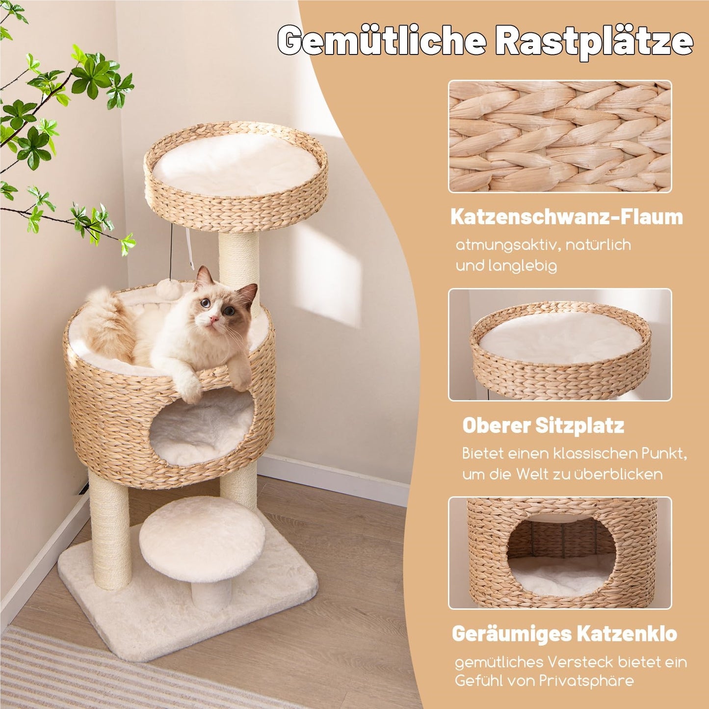 Krabpaal – Kattenkrabpaal – Kattenboom – Krabmeubel – Krabton – 104 cm Hoog – Met Kattenhol & Sisal Bekleding