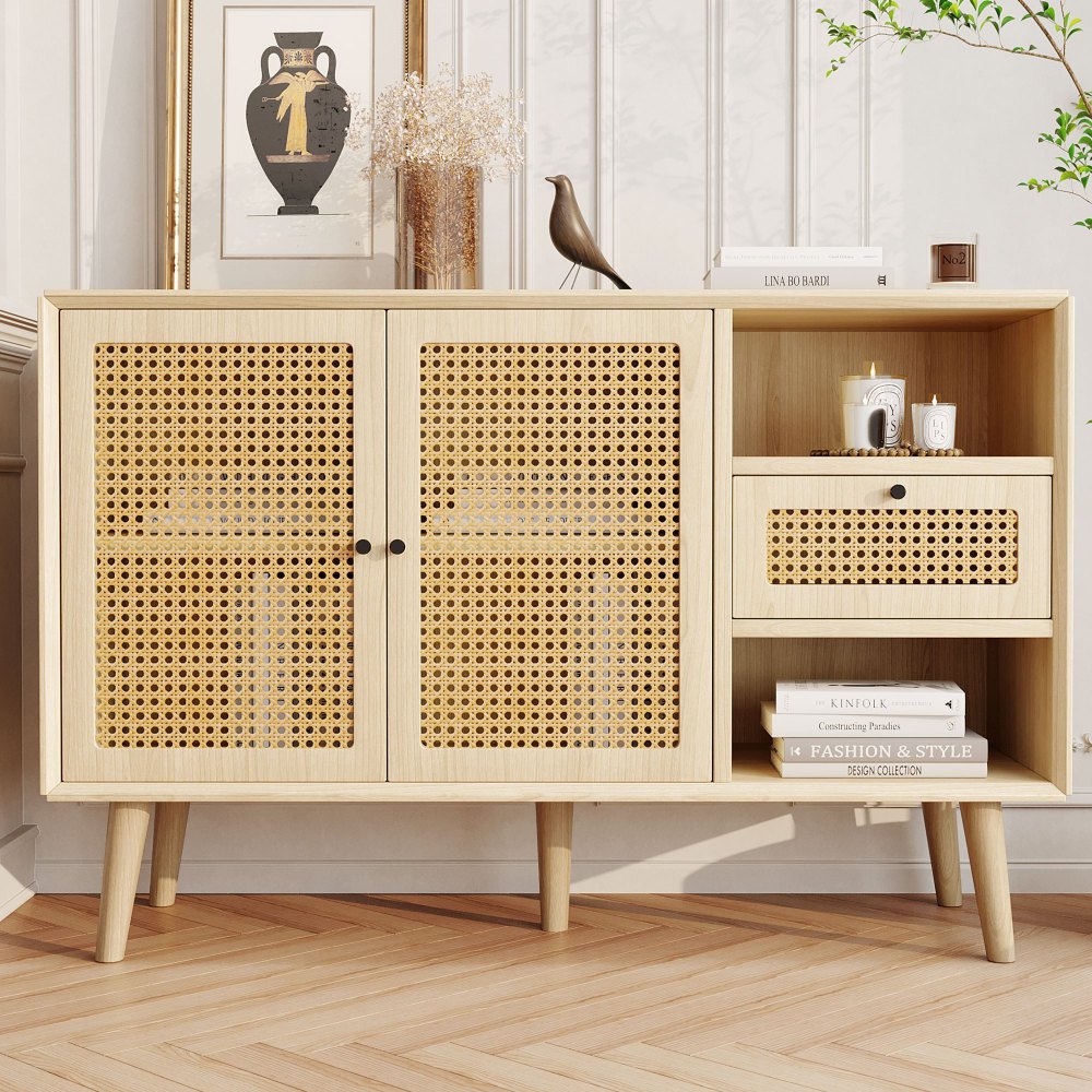 Dressoir – Ladekast – Opbergkast – Buffetkast – Kast – MDF Constructie – Massief Houten Poten – 1 Lade – 2 Deuren Met Rattan Vlechtwerk – Verstelbare Planken – Eikenlook 120x40x80 cm