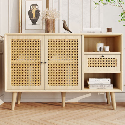 Dressoir – Ladekast – Opbergkast – Buffetkast – Kast – MDF Constructie – Massief Houten Poten – 1 Lade – 2 Deuren Met Rattan Vlechtwerk – Verstelbare Planken – Eikenlook 120x40x80 cm