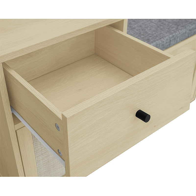 Schoenenbank – Schoenenkast – Schoenenrek – Opbergbank – Halbank – Bohemian Stijl – Rieten Deurtjes – Natuurlijke Houtlook – 3,2 Kuub Opbergruimte – 68,58 cm Hoog