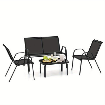 Tuinset – Loungeset – Bistroset – Zitgroep – Fauteuilset – Metalen Frame – Weerbestendige Stof – Temperatuurglas Tafelblad