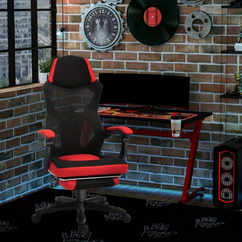 Vinsetto Ergonomic Gaming & Office Chair with Adjustable Height Footrest, 360° Swivel, Flexible Armrests & Headrest - Black/Red Polyester, Metal Frame, 360° Rotation, No Assembly Required for Home PC Gaming & Office Desk, G