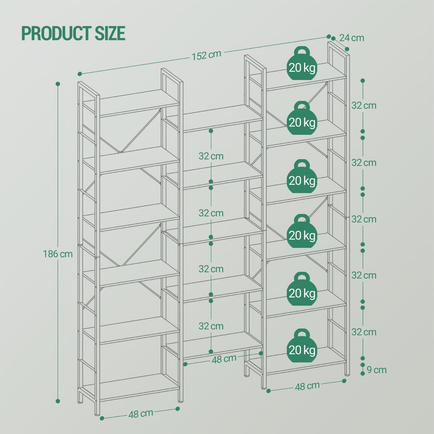6-Tier Freestanding Bookcase with 17 Adjustable Shelves - White Oak Metal Frame, 24x152x186cm, Space-Saving Storage for Living Room, Bedroom, Office Organization, Modern Minimalist Design, Bookcase Furniture, Mounted Closet S - QUORE