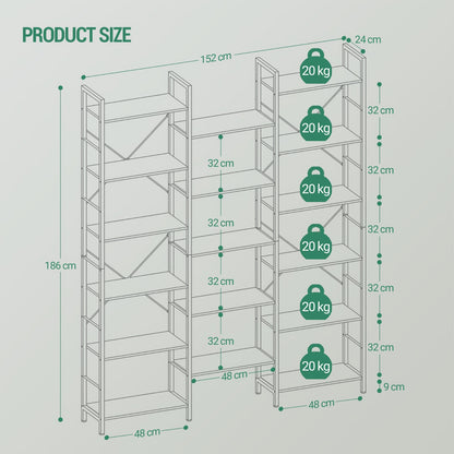6-Tier Freestanding Bookcase with 17 Adjustable Shelves - White Oak Metal Frame, 24x152x186cm, Space-Saving Storage for Living Room, Bedroom, Office Organization, Modern Minimalist Design, Bookcase Furniture, Mounted Closet S - QUORE