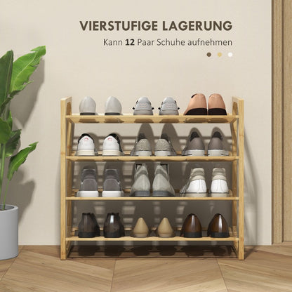 Bamboe Schoenenrek – Schoenenkast – Schoenen Organizer – Schoenenhouder – Schoenendisplay – 4 Lagen Voor 12 Paar – Natuurlijk Hout – Compacte Opslag