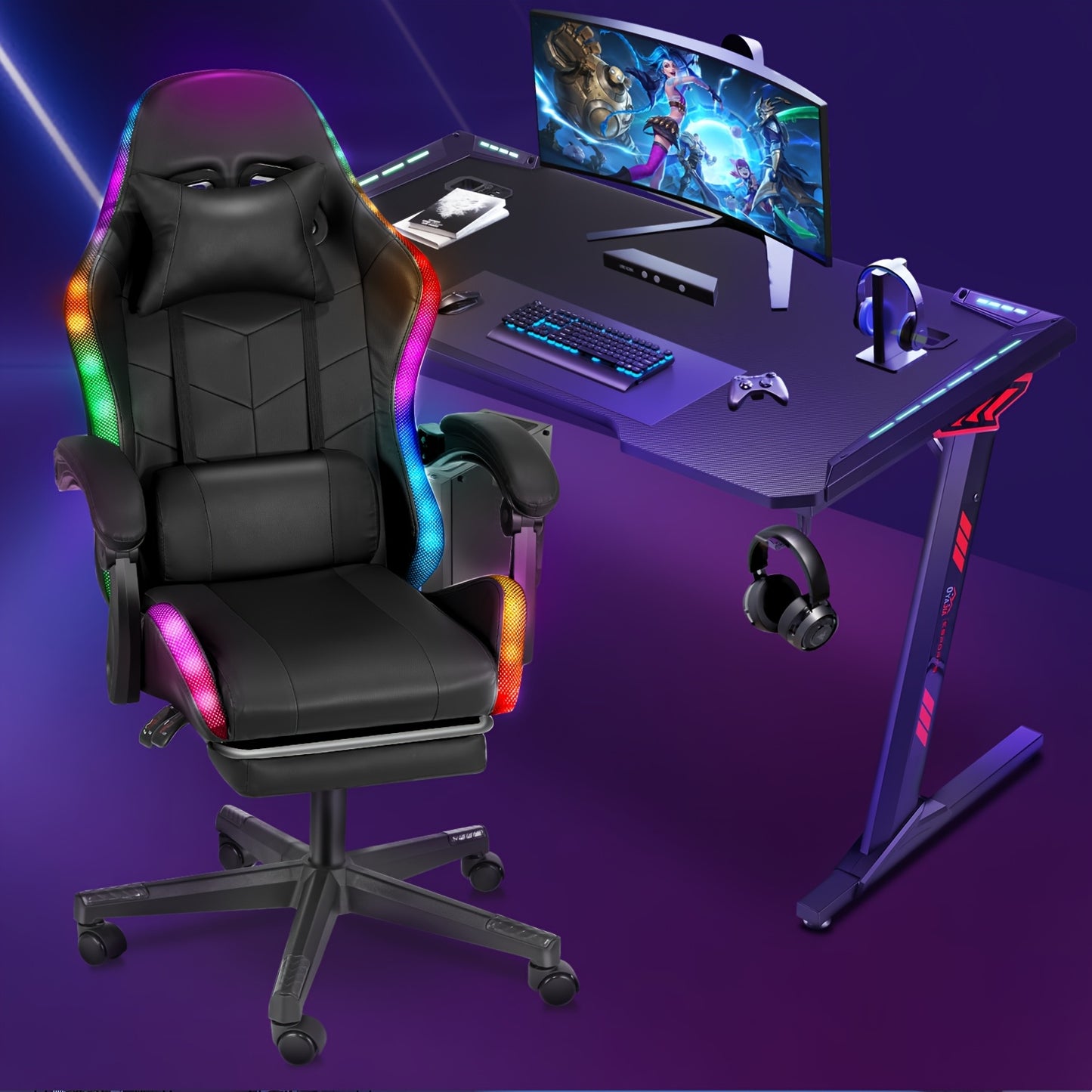 Gamingstoel – Bureaustoel – Draaistoel – Ergonomische Stoel – Zwarte RGB Verlichting – Verstelbare Rugleuning 135° – Memory Foam Zitting
