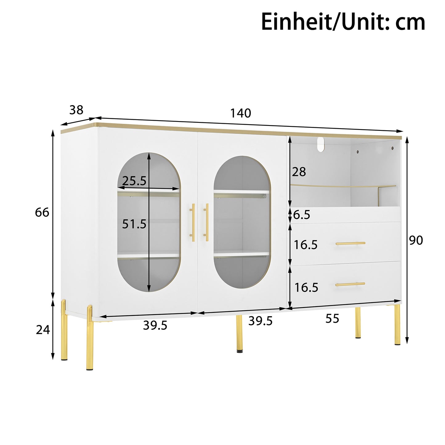 Dressoir – Sideboard – Opbergkast – Dressoirkast – Meubel – Wit Met Gouden Accenten – Glazen Deuren – 140x38x90 cm – Soft-Close Lades – Kabelbeheer