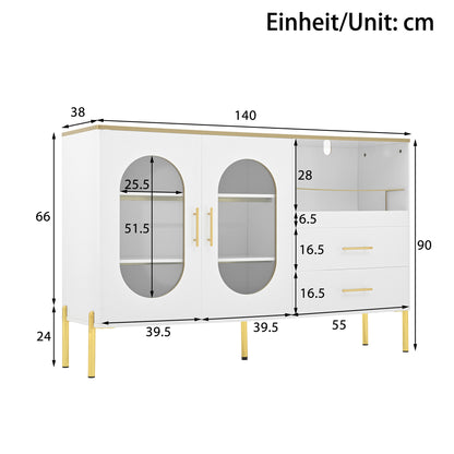 Dressoir – Sideboard – Opbergkast – Dressoirkast – Meubel – Wit Met Gouden Accenten – Glazen Deuren – 140x38x90 cm – Soft-Close Lades – Kabelbeheer