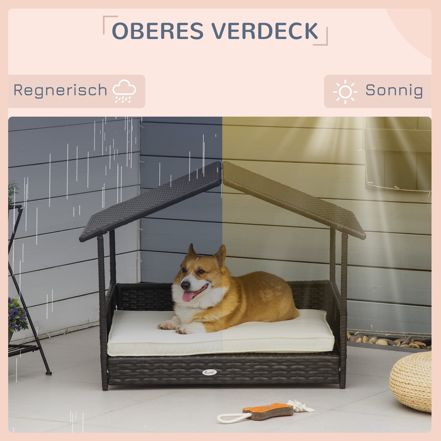 Hondenmand – Hondenkussen – Hondenbed – Donutmand – Ligbed – Weerbestendig PE-Rattan – Verhoogd Met Dak – Koffiebruin – 69x98x70 cm