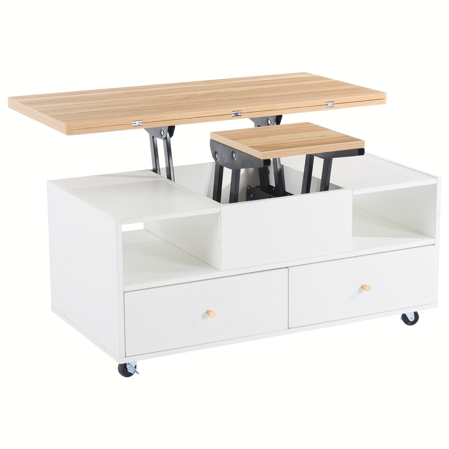 Adjustable Height Coffee Table with Folding Function & 4 Drawers - 100x50x47, 5cm, Large & Small Hydraulic Lifted Tables, Mobile Living Room Sofa Table with Casters, Contemporary Metal Design, Easy Assembly, No Power Needed,