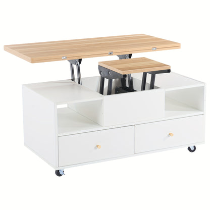 Adjustable Height Coffee Table with Folding Function & 4 Drawers - 100x50x47, 5cm, Large & Small Hydraulic Lifted Tables, Mobile Living Room Sofa Table with Casters, Contemporary Metal Design, Easy Assembly, No Power Needed,