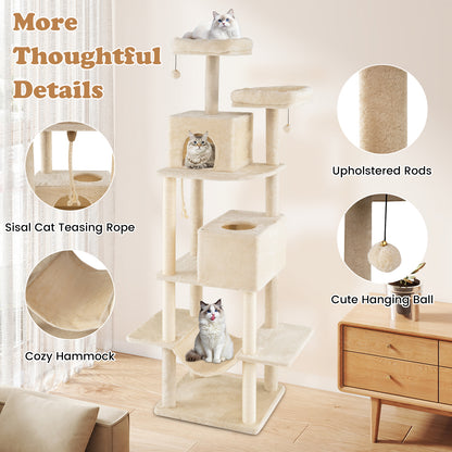 Kattenboom – Krabpaal – Klimmeubel – Speelboom – Kattenmeubel – Beige – 205 cm Hoog – Ruime Platforms & Sisal Palen
