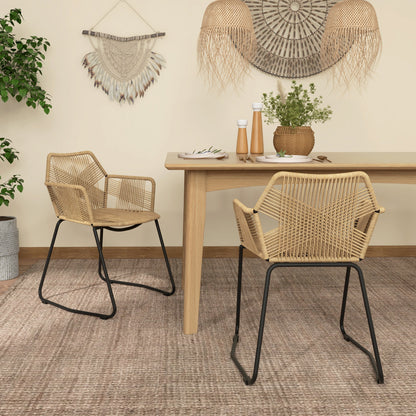 Eetkamerstoel – Keukenstoel – Rattanstoel – Bistrostoel – Stoel Met Stalen Onderstel – Bohemian Vintage Industrieel Design – Gevlochten Touw Zitting – Antislip Poten – 56x59x74 cm – Set Van 2