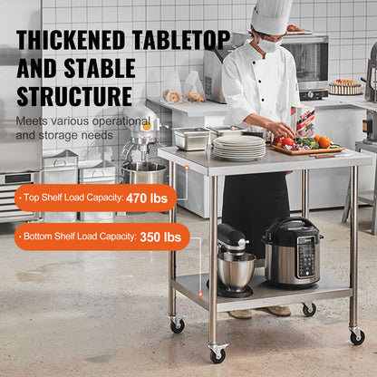 RVS Werktafel – Roestvrijstalen Werkbank – Keukentafel – Cateringtafel – Professionele Werktafel – 91x76x97 cm – 3 Verstelbare Planken – 4 Zwenkwielen Met Rem