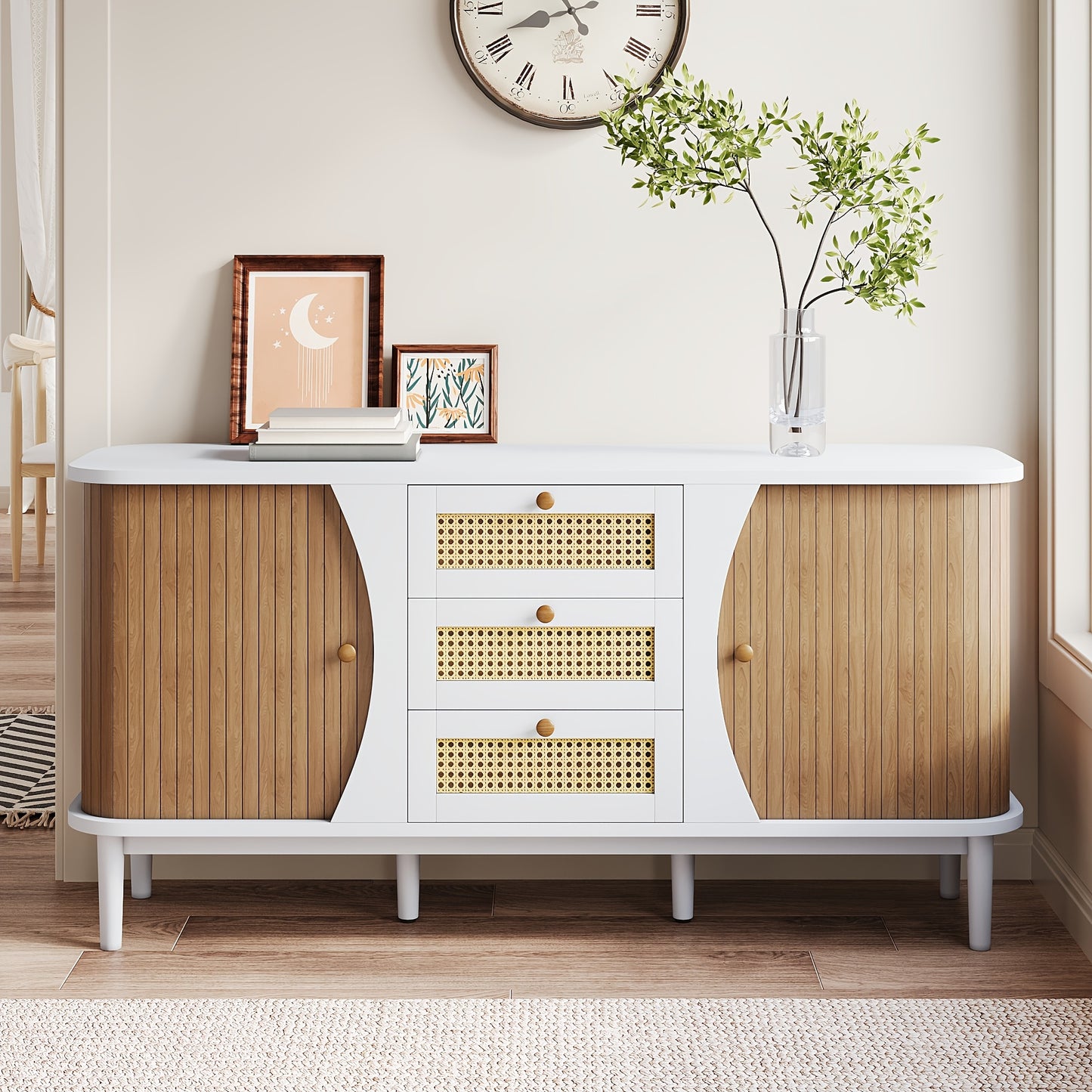 Dressoir – Kast – Ladekast – Opbergkast – Buffettafel – Rieten Deuren – Hardhout – Schuifdeuren – 80x40x85 cm – Natuurlijk Design