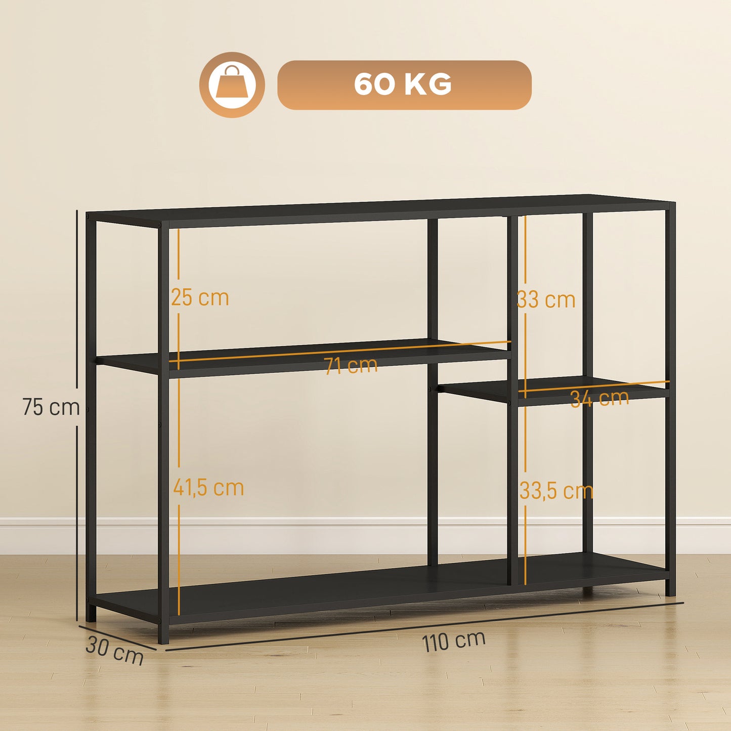 Console Tafel – Haltafel – Opbergmeubel – Sidetable – Wandtafel – Zwart – Vier Planken – Stevig Stalen Frame – Compact Ontwerp