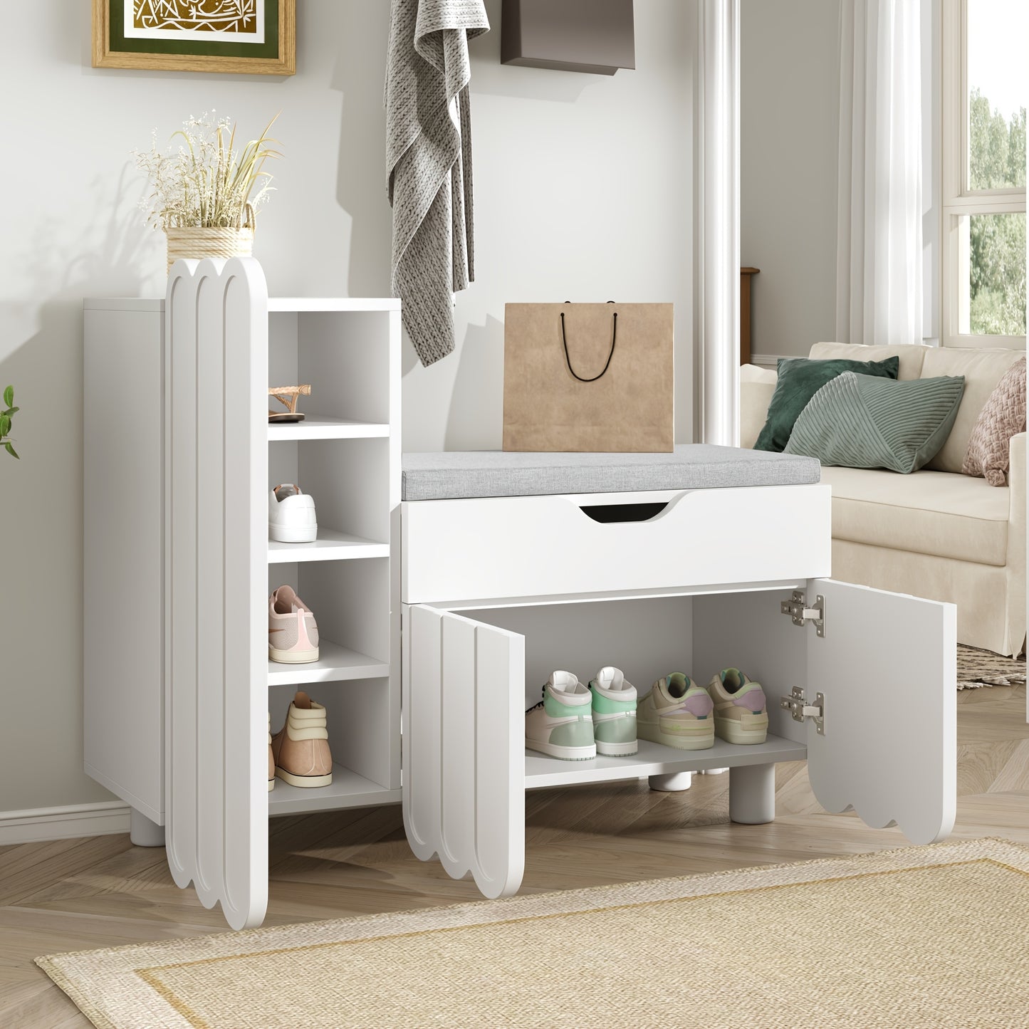 Schoenenkast – Schoenmeubel – Schoenrack – Schoenopberger – Schoenbank – Modern Wit – 3-Deurs – Zitbank – 3,2+ Kubieke Voet Opbergruimte – Duurzaam Niet-Houten Materiaal