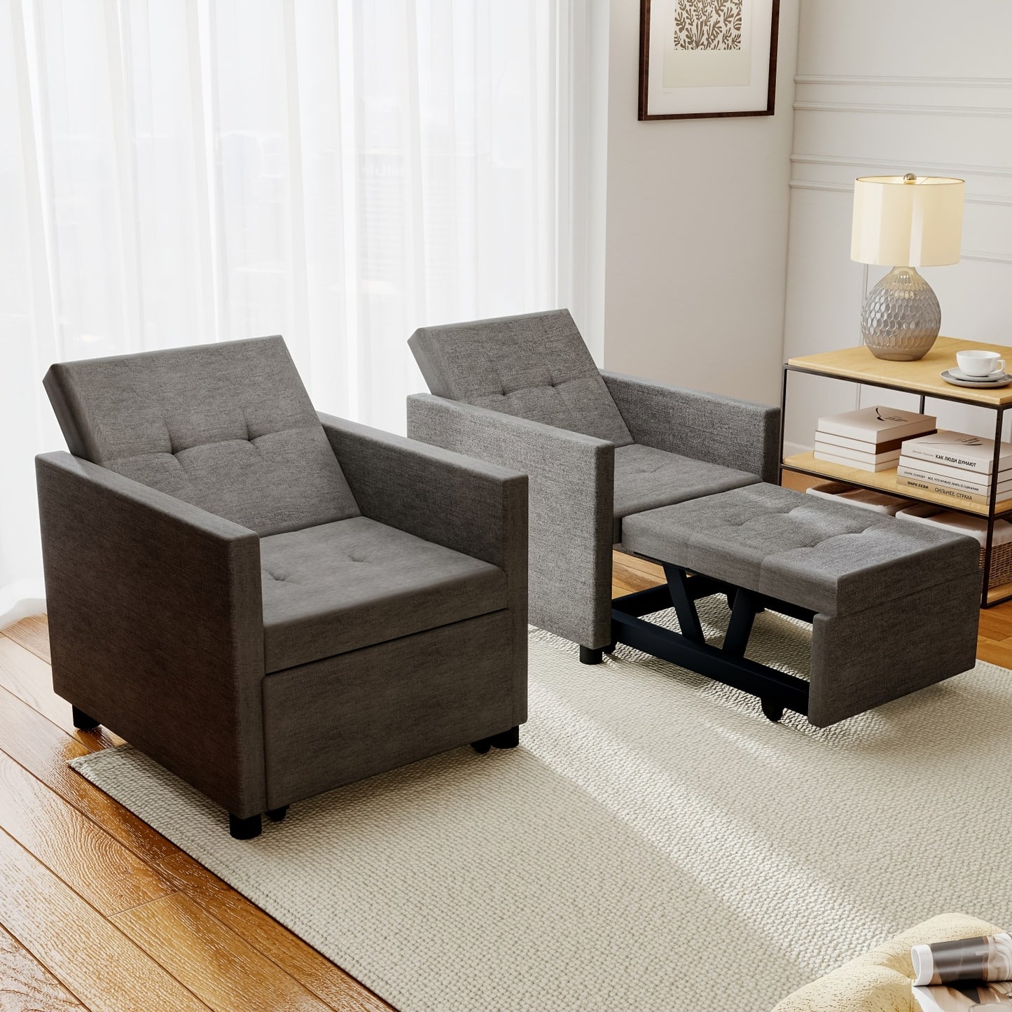 3-in-1 Sofa Bed Chair: Convertible Sleeper with Adjustable Backrest & Foldable Pull-Out Bed - Space-Saving Single Sofa Suitable for Small Apartments, Dorms, Studios - Assembly, Sturdy Frame, Modern Light Grey