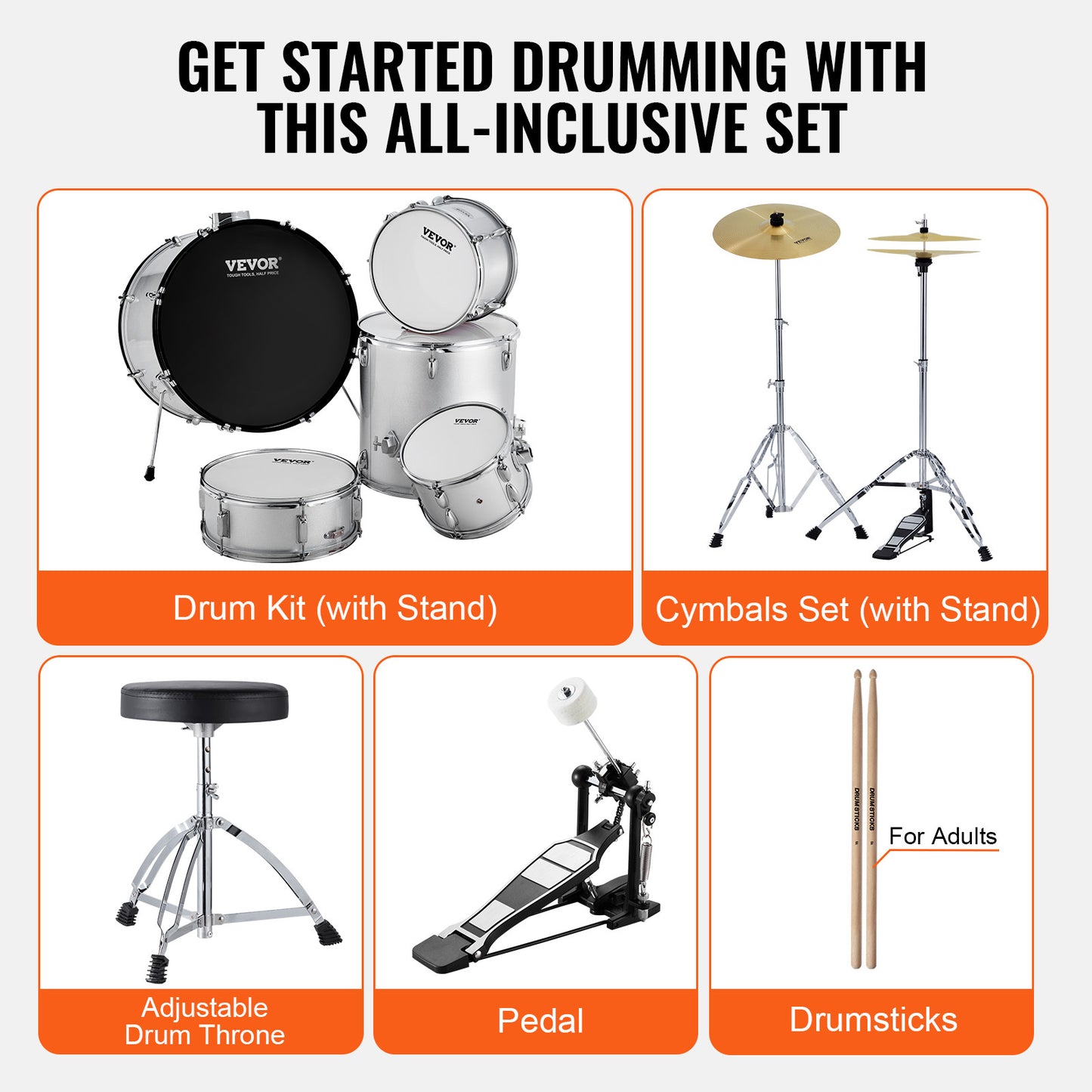 Drumstel – Drumset – Elektrisch Drumstel – E-Drum – Percussie Set – 5-delig Compleet – 22 Inch Bass Drum – Verstelbare Kruk
