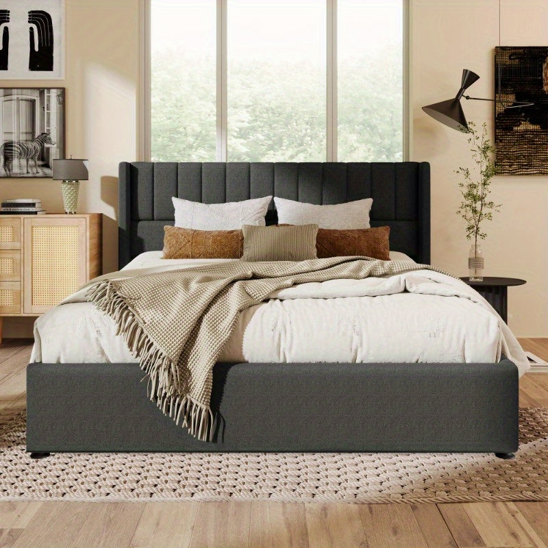 Tweepersoonsbed – 2-Persoonsbed – Bedframe – Bed – Slaapbed – Verstelbare Hoogte – Dubbele Laag Opbergruimte – 140x200 cm – Grijze Linnen Bekleding