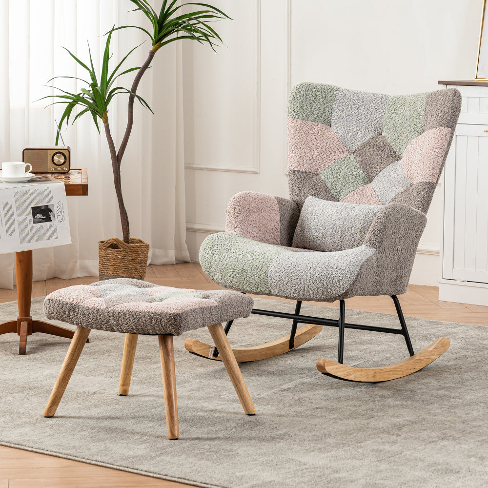 Schommelstoel – Lounge Chair – Fauteuil – Relaxstoel – Tuinstoel – Met rubberhouten frame – Memory foam zitkussen & lendensteun – Inclusief voetenbankje (49x38x37 cm) – Multicolor design