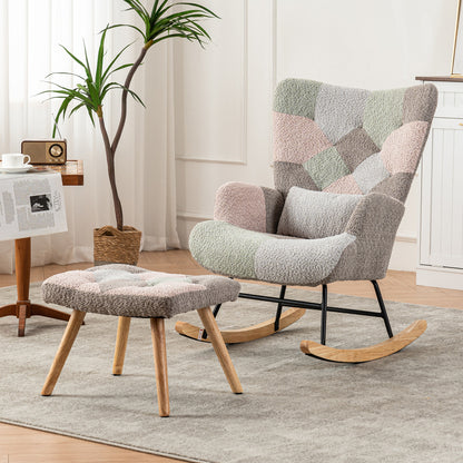 Schommelstoel – Lounge Chair – Fauteuil – Relaxstoel – Tuinstoel – Met rubberhouten frame – Memory foam zitkussen & lendensteun – Inclusief voetenbankje (49x38x37 cm) – Multicolor design
