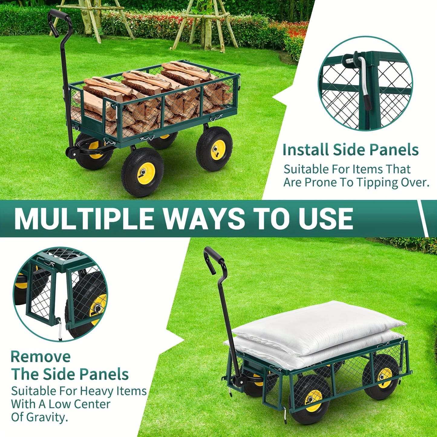 Heavy-Duty Steel Garden Cart with 180° Rotating Handle, Removable Sides & All-Terrain Large All-Terrain Tires - Sturdy Steel Frame, Green & Design, Large Capacity Utility Wagon for Yard, Farm, Beach, Lawn Care, Construction