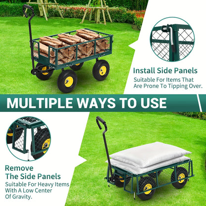Heavy-Duty Steel Garden Cart with 180° Rotating Handle, Removable Sides & All-Terrain Large All-Terrain Tires - Sturdy Steel Frame, Green & Design, Large Capacity Utility Wagon for Yard, Farm, Beach, Lawn Care, Construction