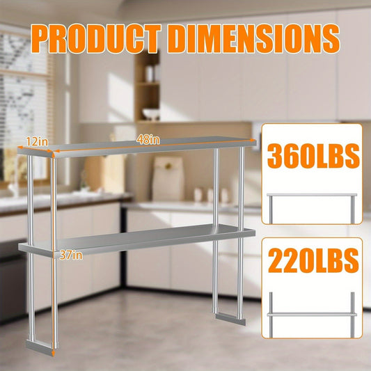 Stainless Steel 30.48cm x 121.92cm Heavy-Duty Commercial Overshelf - 2-Tier Adjustable Height Kitchen Shelving (Supports 163.29 KG) with Sturdy Legs, Space-Saving Design for Restaurant & Home Prep Tables, Dish Storage - Easy to Clean, Durable Stainless St